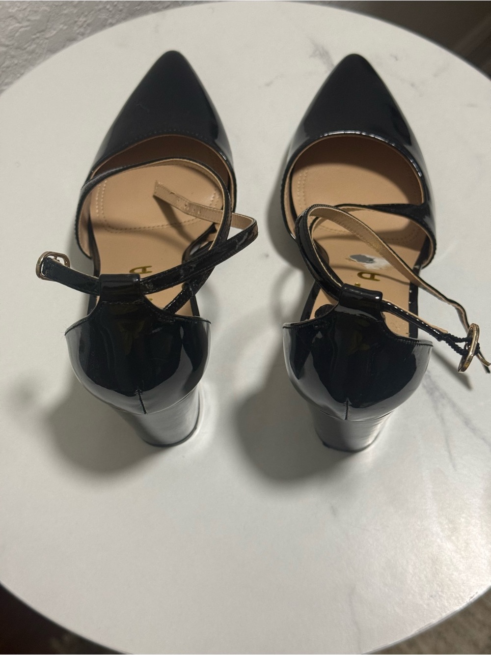 Women's Black Patent Pointed-Toe Ankle-Strap Heels